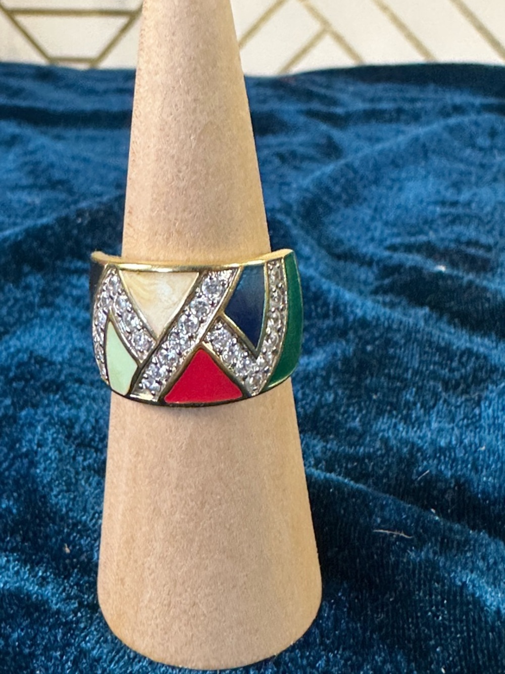 Chateau D’Argent Gold-Tone Multicolor Enamel & CZ Mosaic Wide Band Ring